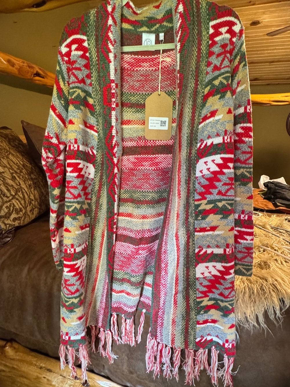 Boho Open-Front Fringe Cardigan Sweater in Red & Green